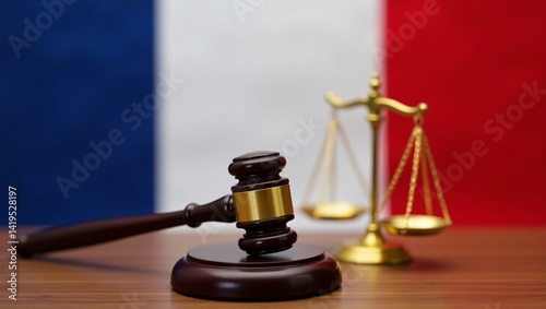 French Justice: Gavel and Scales of Justice before the French Flag