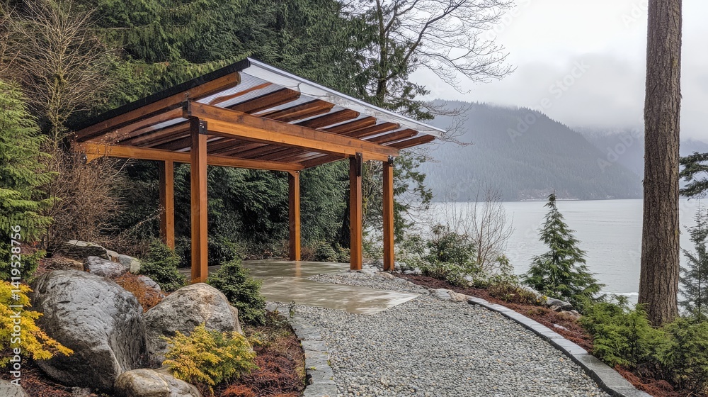 Newly installed carport with PVC roofing, water runoff system, and clear finish over gravel driveway Newly installed carport with PVC roofing, water runoff system, and clear finish over gravel driveway