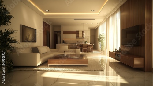 Elegant open concept living room and kitchen with bright light