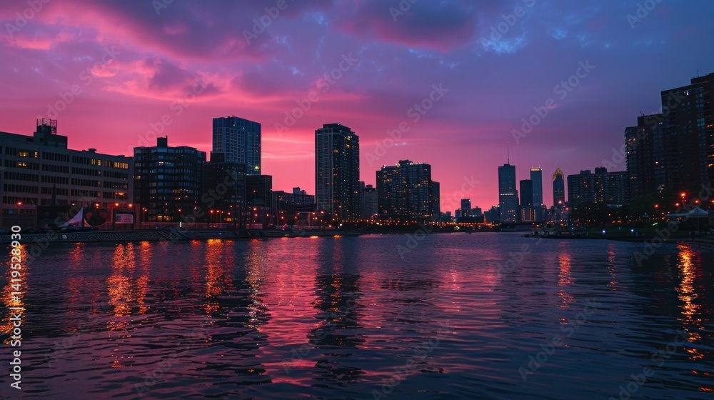 Fototapeta premium Cityscape of Chicago at sunset with lights turning on