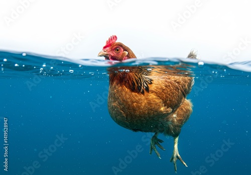 Unexpected Aquatic Adventures A Brown Chicken Swimming in Blue Ocean