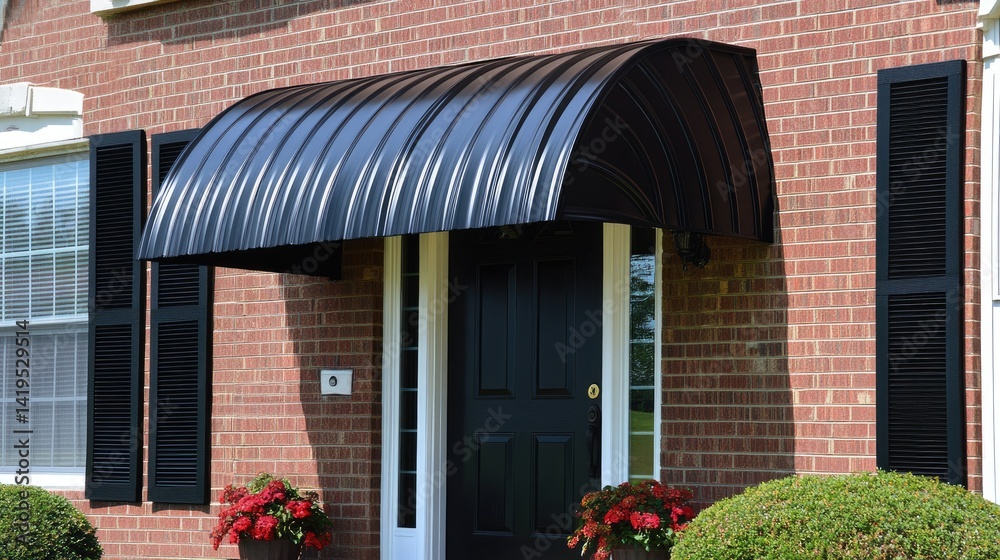 Protective vinyl awning installed over entry door with corrugated PVC panels in matte finish