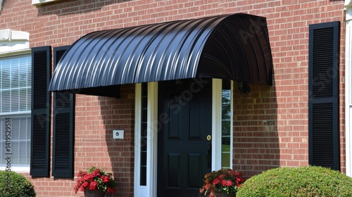 Protective vinyl awning installed over entry door with corrugated PVC panels in matte finish