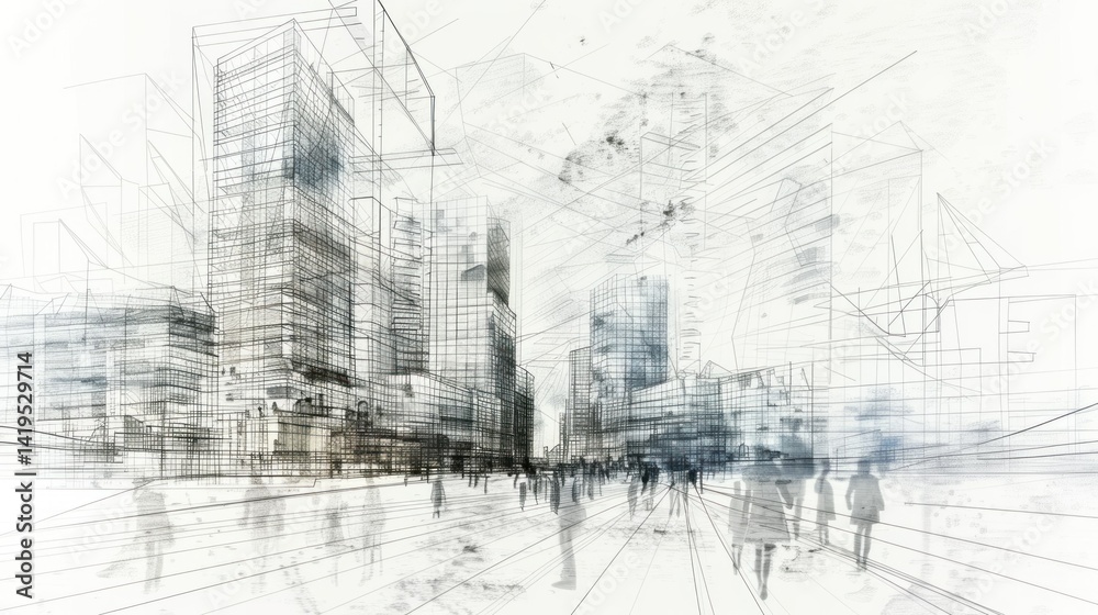 Fototapeta premium Architectural sketch of an urban cityscape