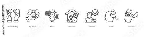 Decision Process icon sheet vector decision making, key person, advice, homework, instructor, puzzle, innovation