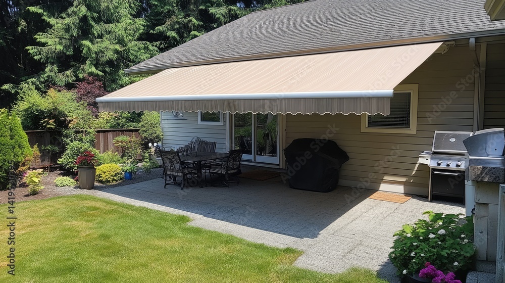 Smooth PVC panel vinyl awning above sliding doors with a sturdy frame and clean overhang