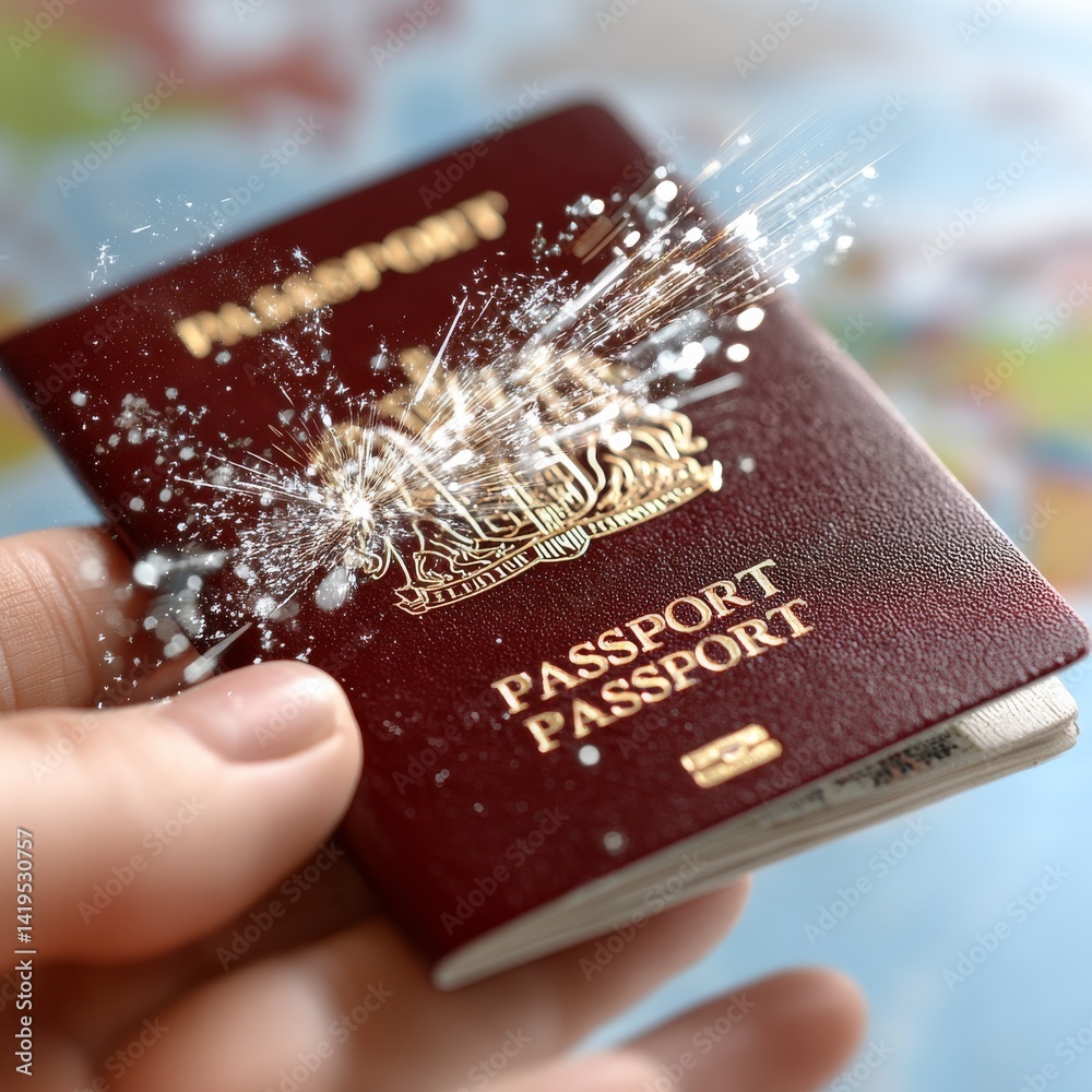 A Hand Holding a Passport with Sparkling Effects for a Travel Advertisement Concept