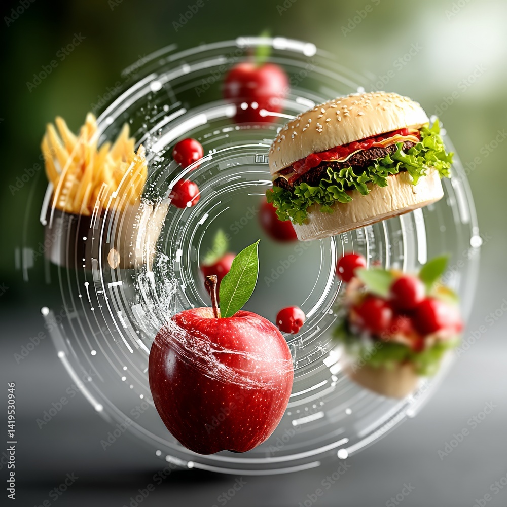Balancing Indulgence: A Digital Collage of Healthy and Unhealthy Food Choices with a Tech-Inspired Design