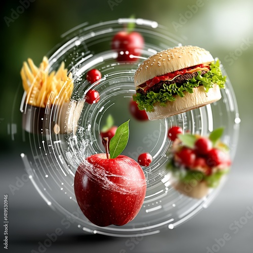 Obraz na płótnie Balancing Indulgence: A Digital Collage of Healthy and Unhealthy Food Choices with a Tech-Inspired Design w salonie