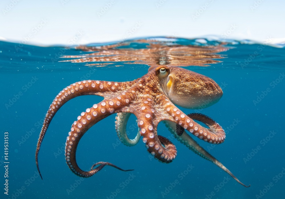 Naklejka premium Graceful octopus undulating beneath the sun kissed surface of the ocean