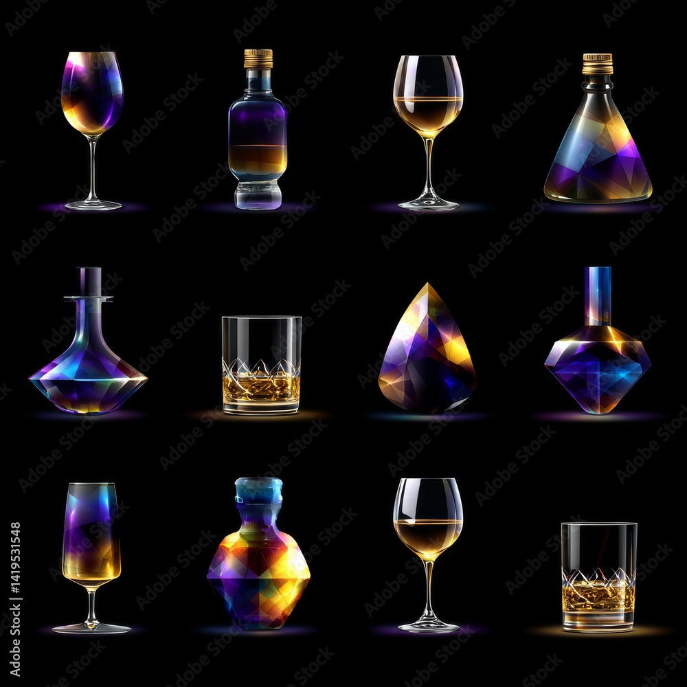 Elegant faceted glassware collection: Wine glasses, whiskey glasses, and bottles with a sophisticated design, showcased against a black backdrop.
