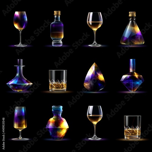 Obraz na płótnie Elegant faceted glassware collection: Wine glasses, whiskey glasses, and bottles with a sophisticated design, showcased against a black backdrop. w salonie