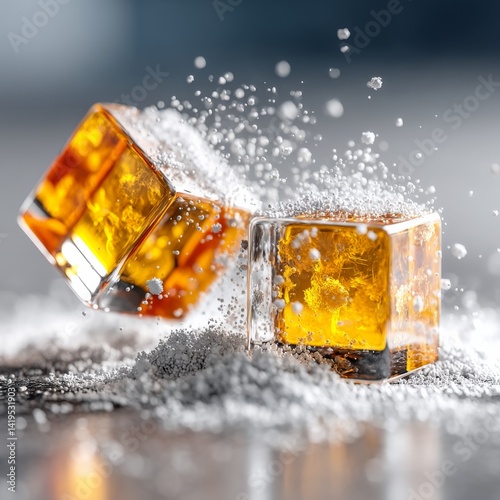 Golden Cubes: A Captivating Close-Up of Amber-Colored Cubes Surrounded by an Ethereal Cloud of White Particles, A Visual Symphony of Light and Shadow.