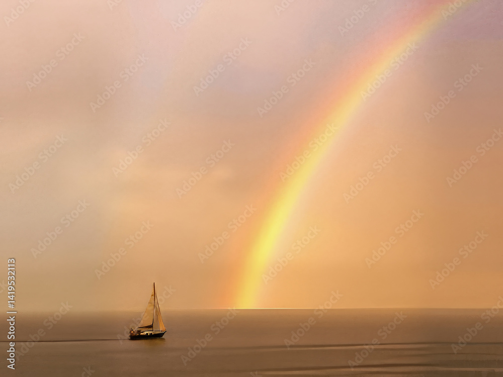 A rainbow is seen in the sky above a boat on the water. The boat is sailing in the ocean, and the rainbow is a beautiful and colorful sight. Concept of peace and tranquility
