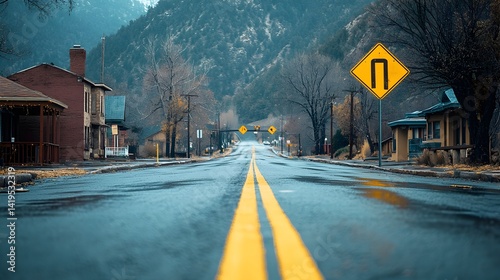 Fototapeta Naklejka Na Ścianę i Meble -  A scenic mountain road with yellow lines curves ahead through a small town on an overcast day.