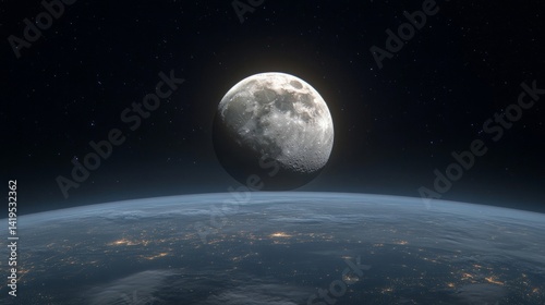 Pixelated Moon Over Earth at Night