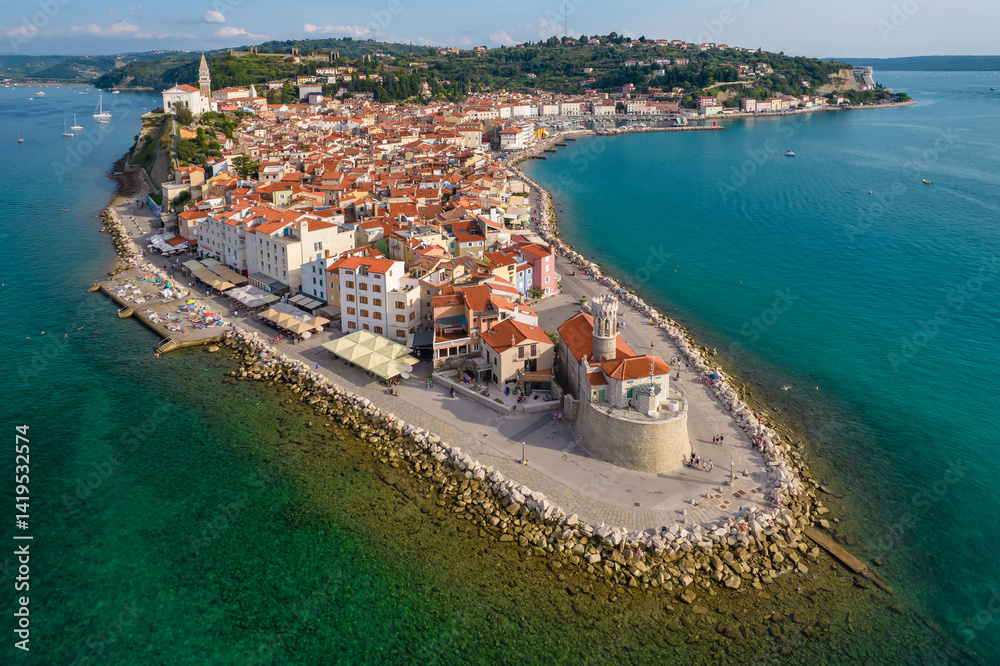 Aerial view of the Piran old town, Slovenia
