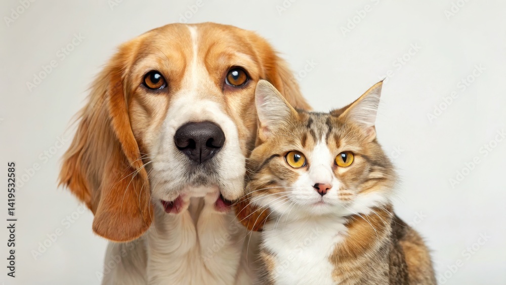 Dog and cat posing together with friendly expressions. Dog and cat posing together with friendly expressions.