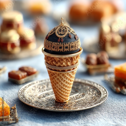 Ornate Dessert Cone on Intricate Plate: A fusion of dessert and regal design elements, a culinary masterpiece.
