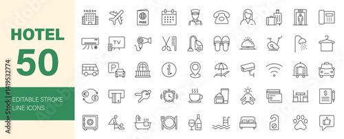 Hotel icon set. Hotel services related line icons: room, rental, reservation, hotel booking, parking, bellboy, breakfast, travel, vacation, holiday and more. Editable stroke. Vector illustration.