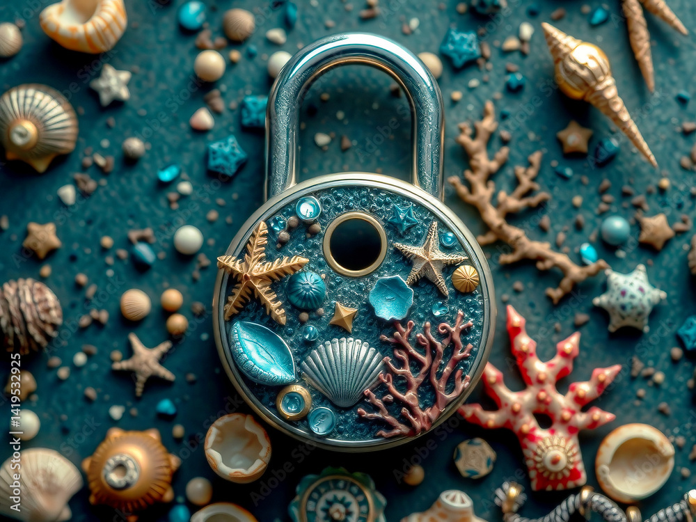 A lock with a blue and gold design is surrounded by seashells and starfish. The lock is placed on a table with a blue background