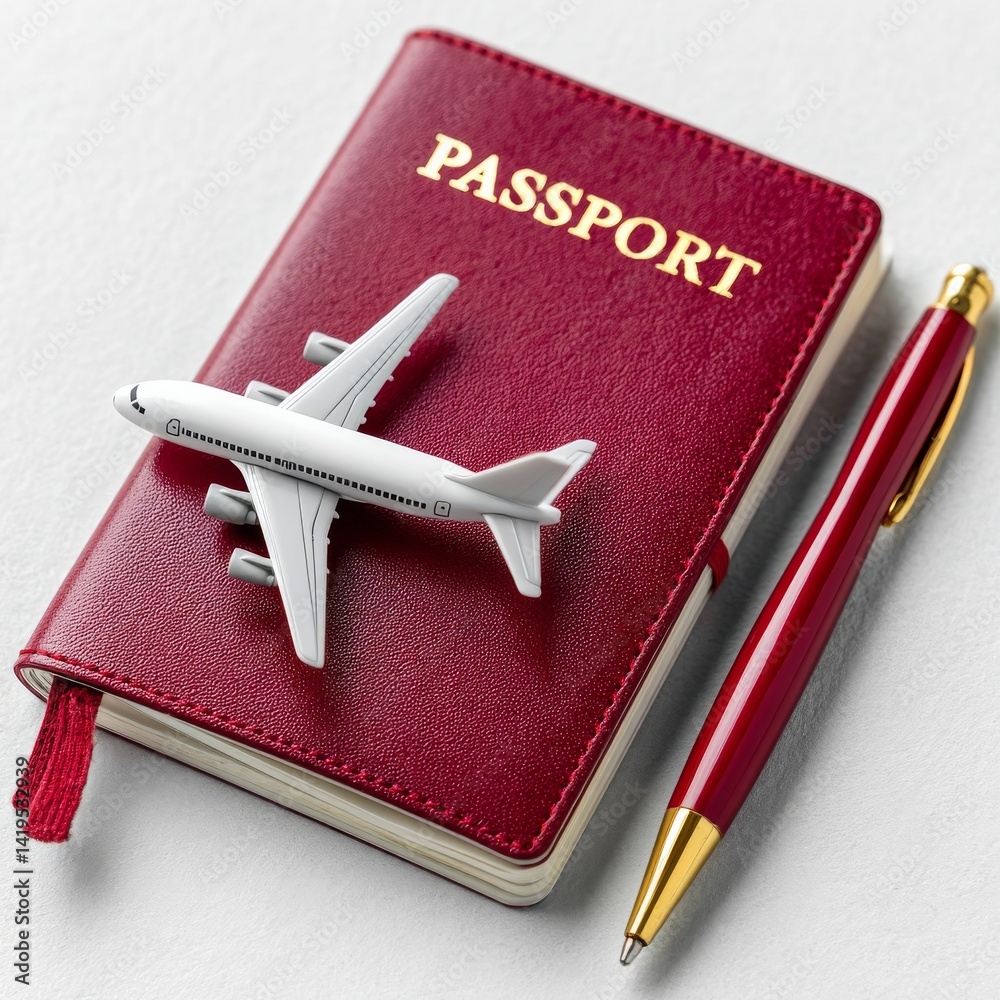 Ready for Takeoff: Passport, Airplane Model, and Pen for Travel Plans and Trip Preparations.