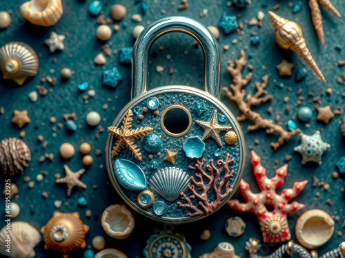Obraz na płótnie A lock with a blue and gold design is surrounded by seashells and starfish. The lock is placed on a table with a blue background w salonie