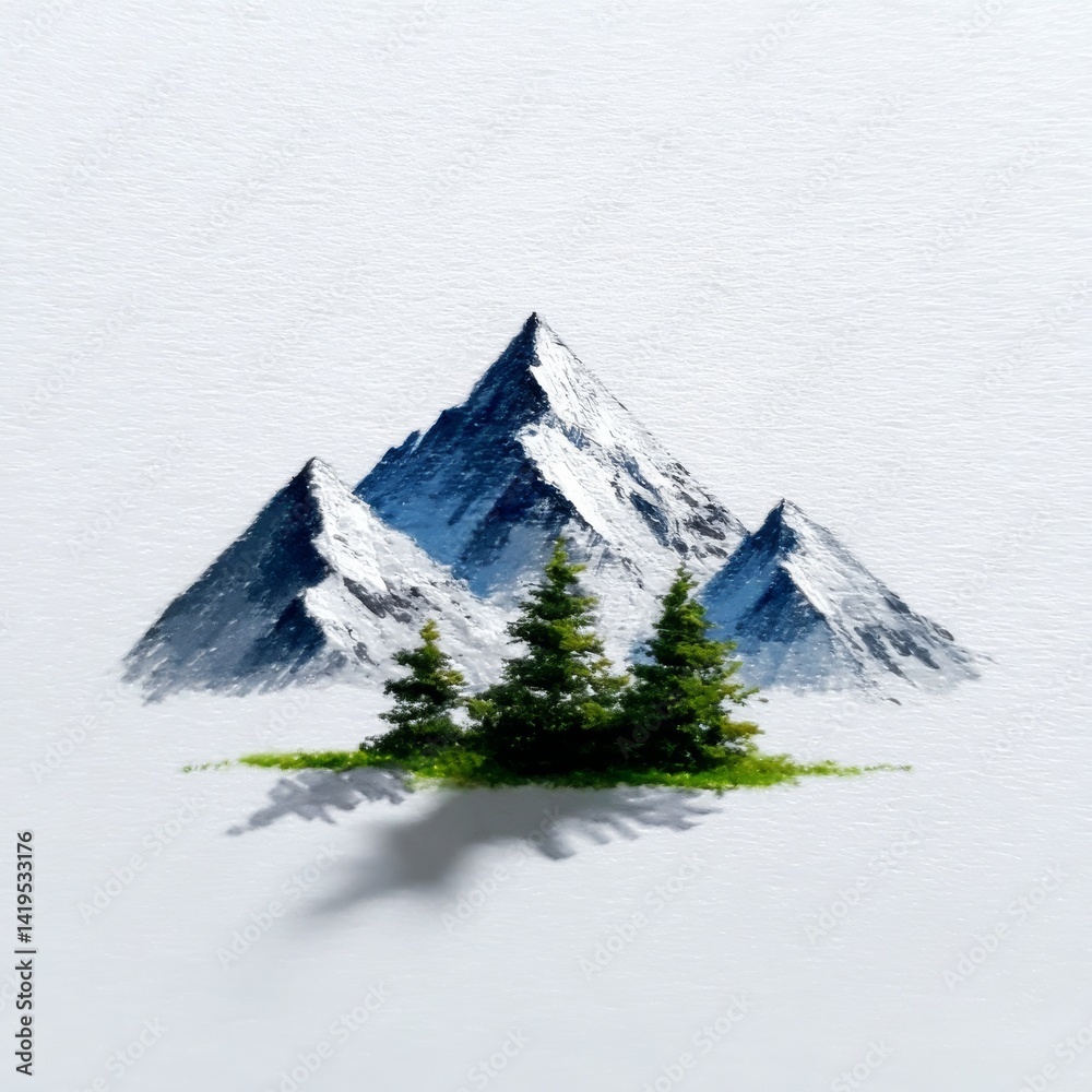 Snowy Peaks and Evergreen Sentinels: A Minimalist Landscape with Mountain Majesty and Forest Guardians.