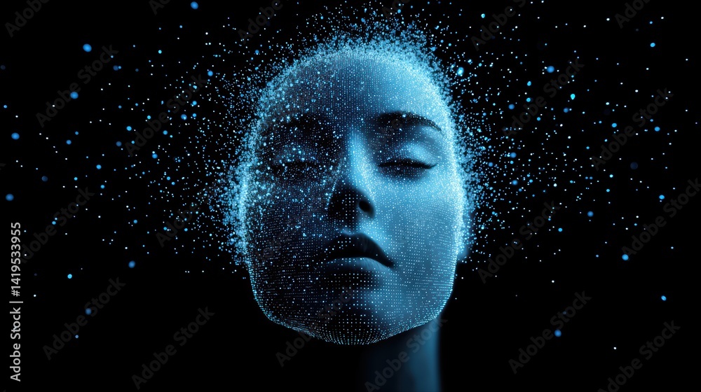 Human face formed by glowing particles against a dark background Human face formed by glowing particles against a dark background