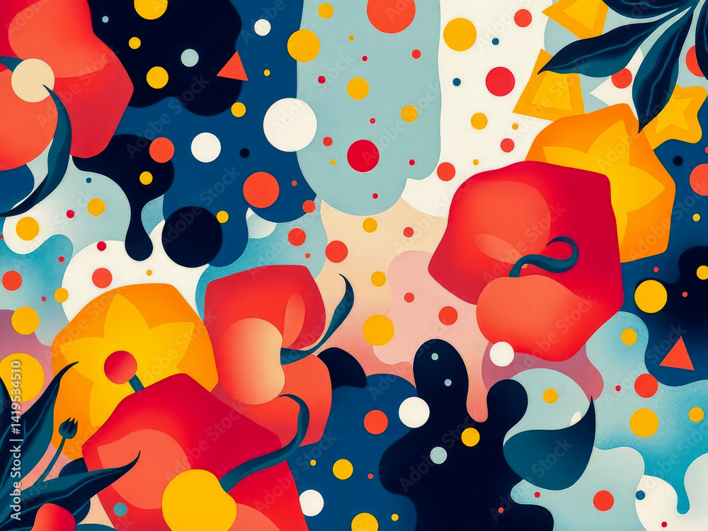 A colorful painting of flowers with a blue background. The flowers are in various shades of red and yellow
