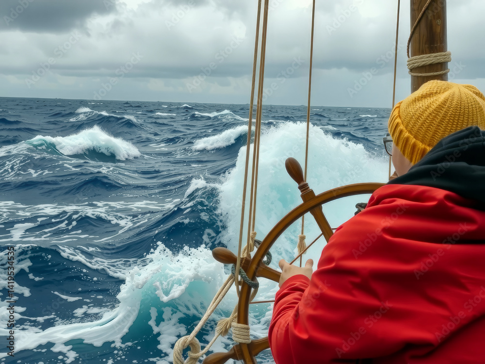 A man in a red jacket is steering a boat in the ocean. The water is choppy and the sky is cloudy