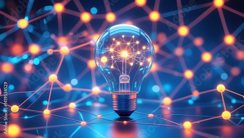 Glowing Light Bulb with Neural Network and Innovation Concept