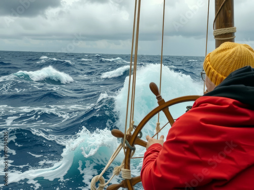 Obraz na płótnie A man in a red jacket is steering a boat in the ocean. The water is choppy and the sky is cloudy w salonie