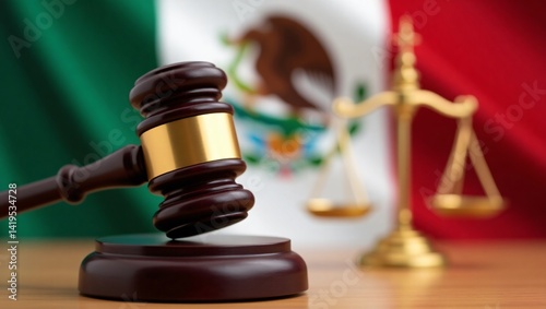 Mexican Justice System: Gavel and Scales of Justice before the Mexican Flag