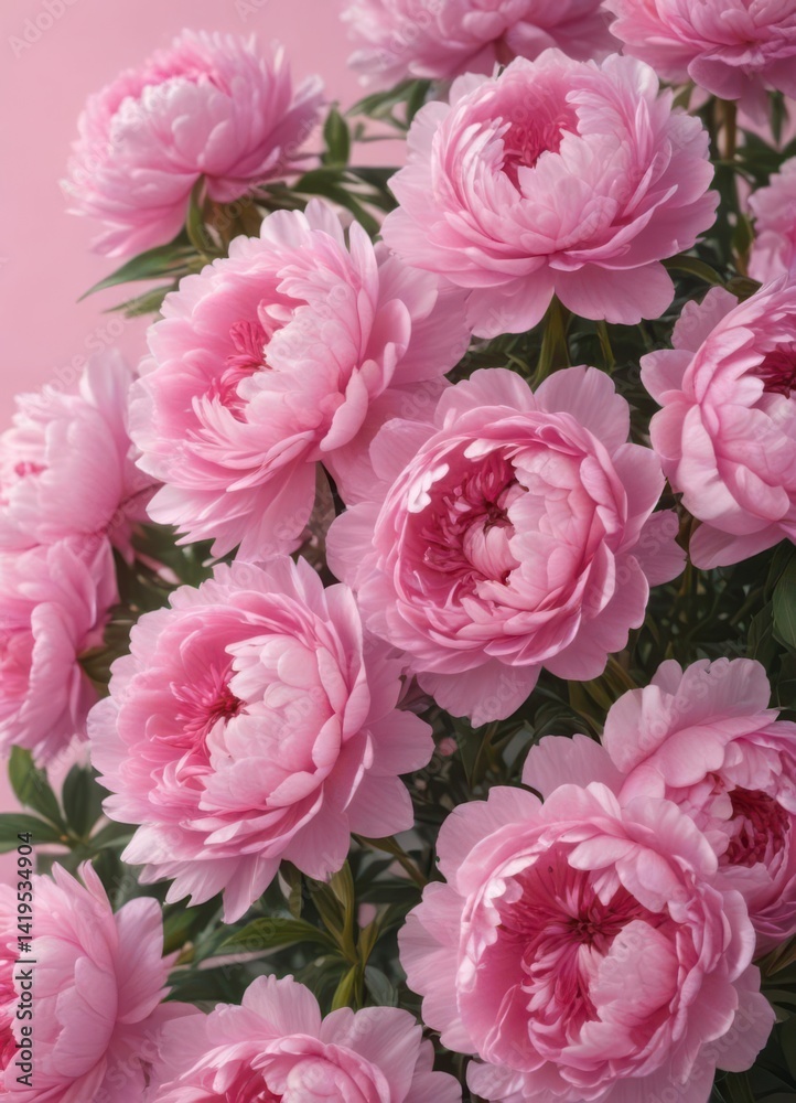 Fototapeta premium Dense cluster of pink peonies, soft pink backdrop, botanical, tightly grouped
