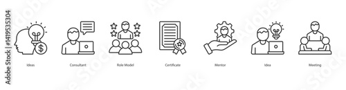 Mentorship icon sheet vector ideas, consultant, role model, certificate, mentor, idea, meeting