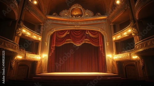 Majestic theater stage velvet curtains golden ornate details warm lighting empty seats awaiting a