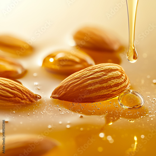 Close-up of almonds drenched in golden oil, highlighting texture for culinary and health themes.