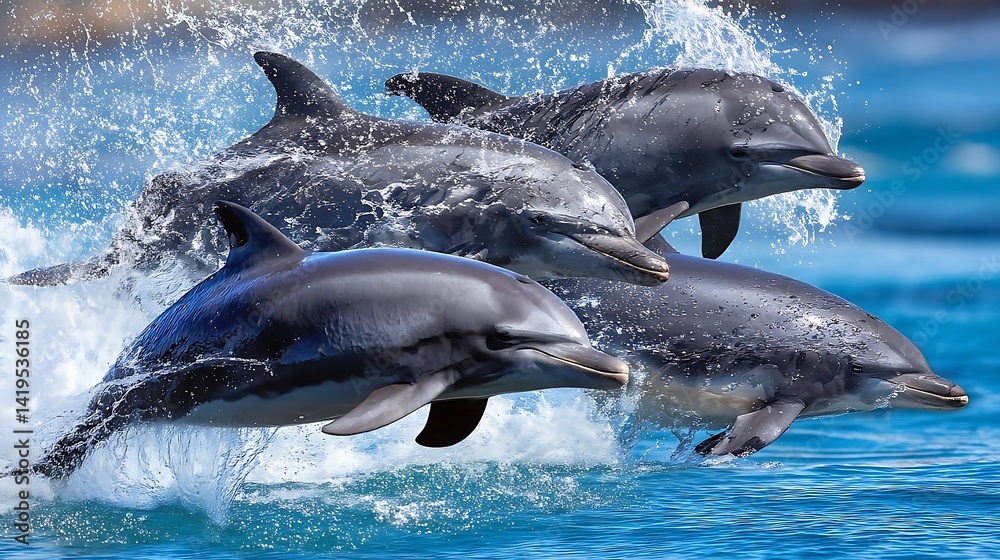 Fototapeta premium Four Dolphins Leaping in Blue Ocean Water