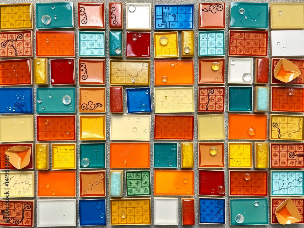 A colorful mosaic made of glass tiles. The tiles are arranged in a way that creates a pattern of squares and rectangles. The colors are bright and vibrant, giving the image a cheerful and lively mood