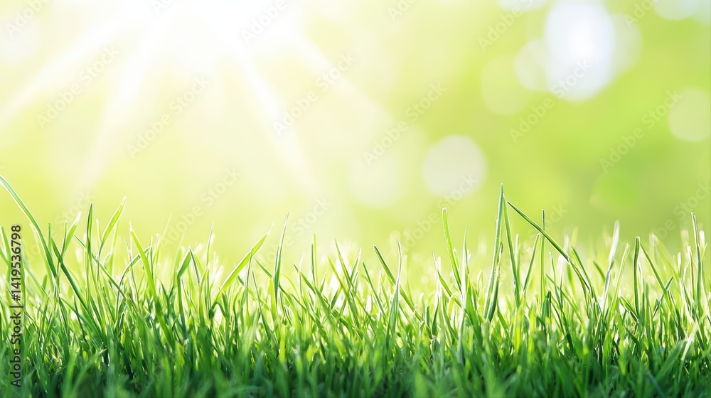 Fototapeta premium Fresh spring meadow with sunlight and green grass background