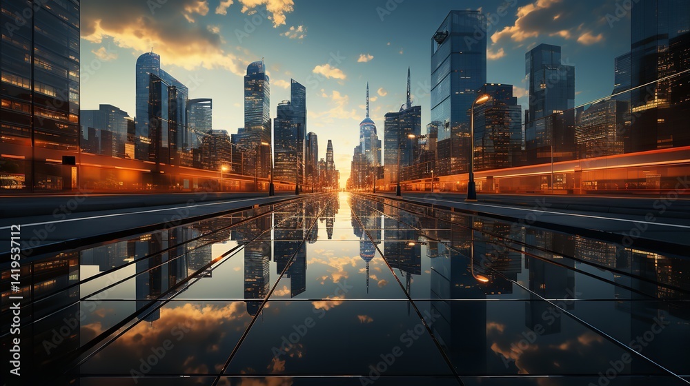 Stunning city skyline reflecting in a glassy street at sunset capturing the vibrant urban energy and Stunning city skyline reflecting in a glassy street at sunset capturing the vibrant urban energy and