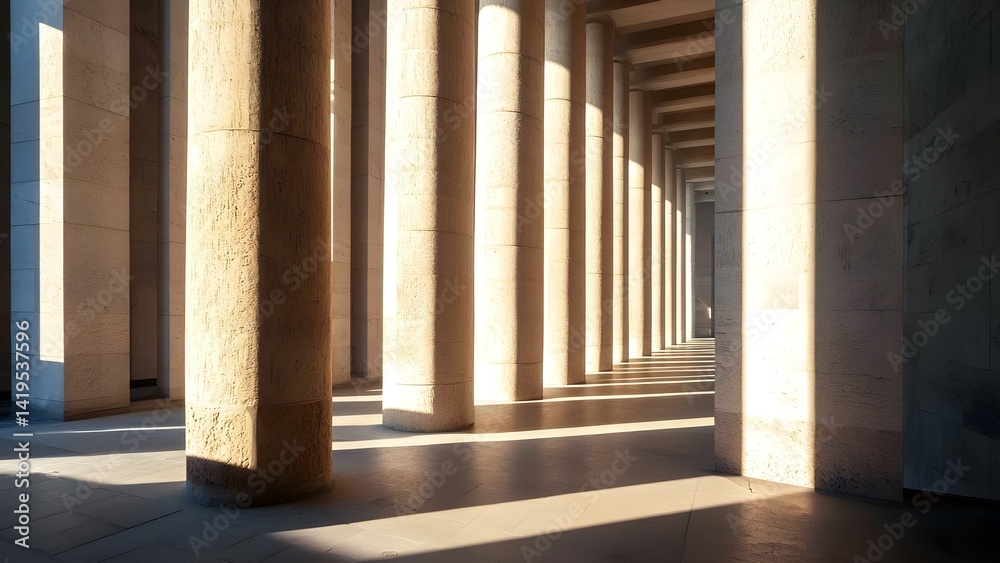 A series of tall columns casting shadows in a well-lit architectural space, showcasing a blend of light and texture. Concept Architectural Shadows, Tall Columns, Light and Texture, Well-Lit Space A series of tall columns casting shadows in a well-lit architectural space, showcasing a blend of light and texture. Concept Architectural Shadows, Tall Columns, Light and Texture, Well-Lit Space