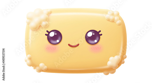 3D vector, illustration of soap with a cute face and kawaii style, product photos, product icons, household products