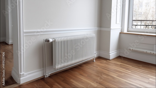 A white heat radiator installed on the wall to provide heat during the cold winter season