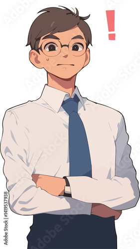 漫画タッチのびっくりしている眼鏡を掛けたスーツ姿の男性のAI生成画像