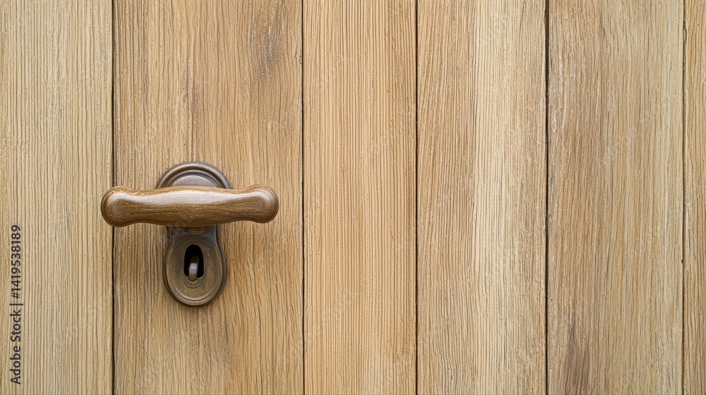 Wooden door with brown handle and unique grain patterns Wooden door with brown handle and unique grain patterns