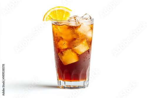 a glass of iced tea with a slice of orange photo
