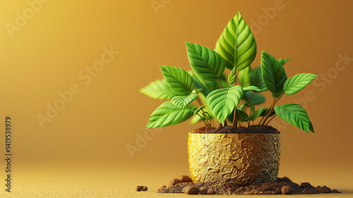 Arrow Leaf Plant Growing from Gold Pot – 3D Cartoon Finance Concept in Bright Colors