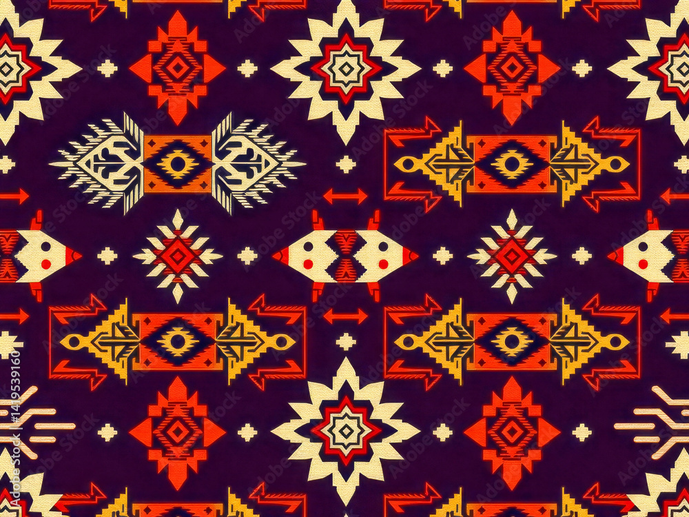 A colorful patterned fabric with a lot of reds and oranges. The pattern is very intricate and has a lot of detail